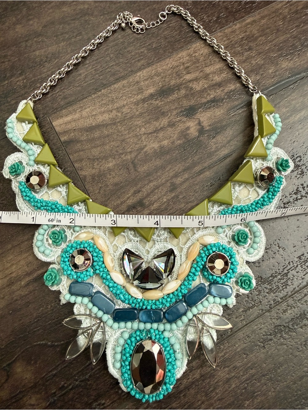 Statement Bib Necklace Beaded Rhinestone Lace Collar Turquoise Boho Festival Y2K - Picture 5 of 6